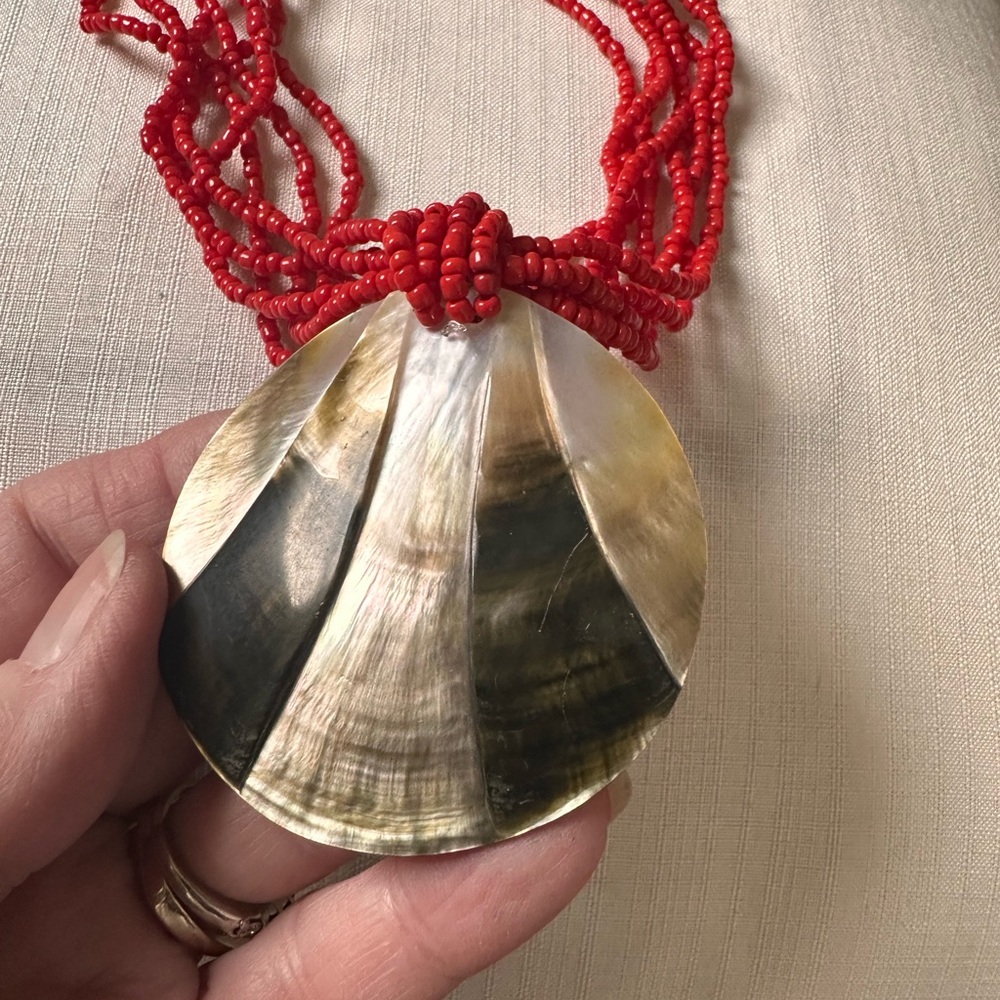 Red multi strand Beaded Necklace with Shell Pendant